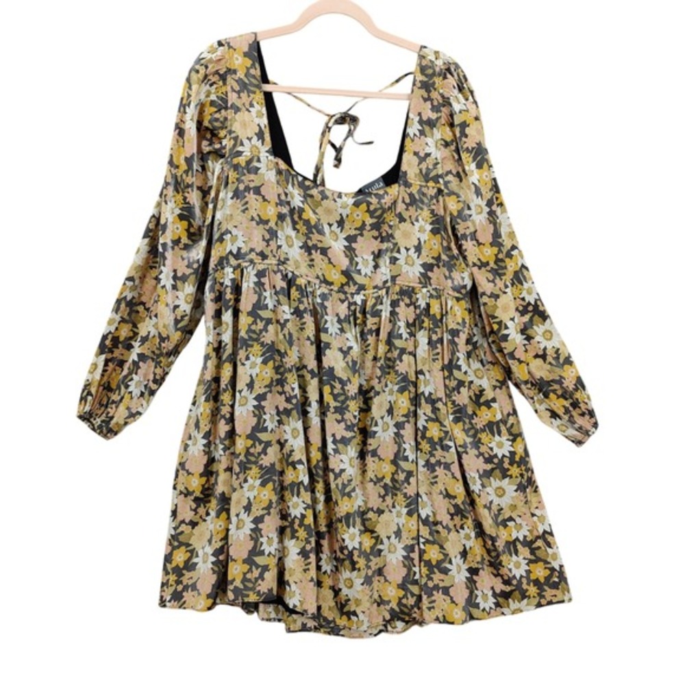 Arula Womens Peasant Babydoll Romantic Floral Metallic Mini Dress A 1X Yellow